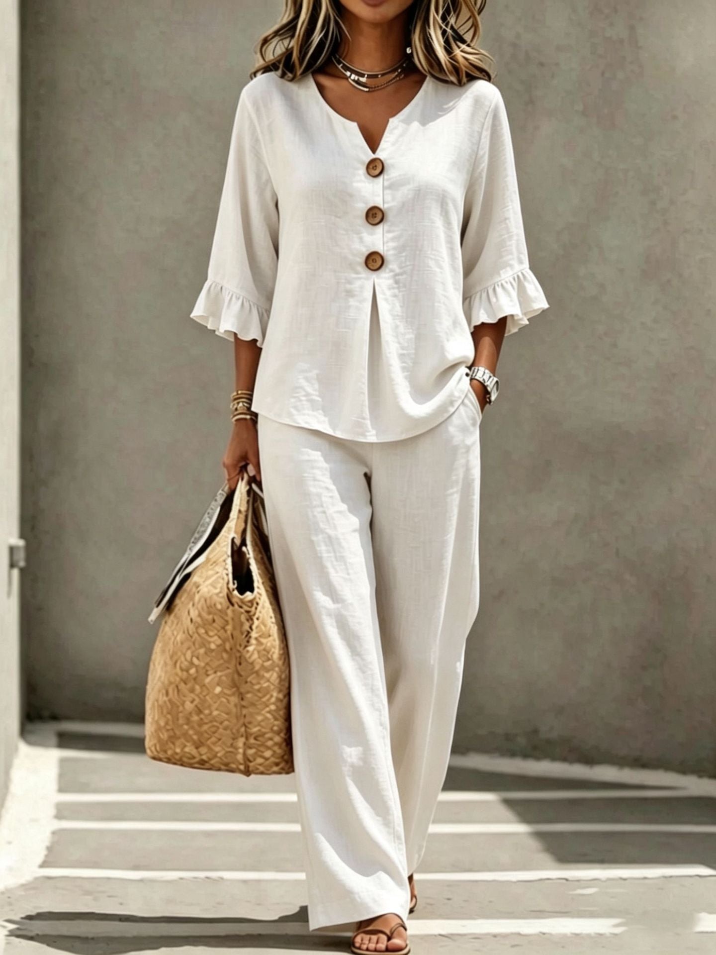 Women's Linen Two Piece Set V-Neck Ruffle Sleeve Top Wide Leg Pants Casual