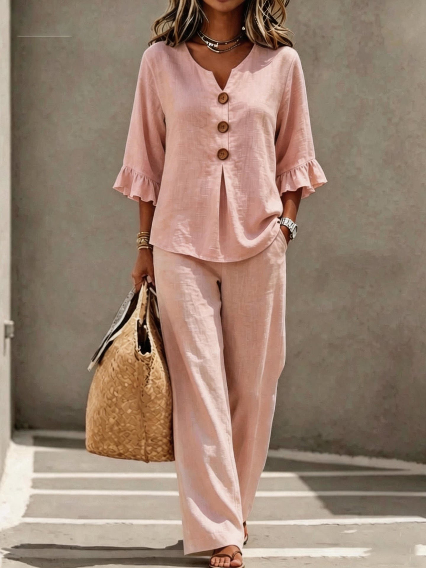Women's Linen Two Piece Set V-Neck Ruffle Sleeve Top Wide Leg Pants Casual