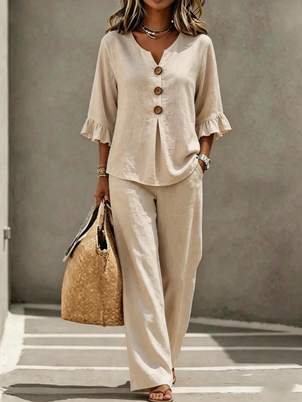 Women's Linen Two Piece Set V-Neck Ruffle Sleeve Top Wide Leg Pants Casual
