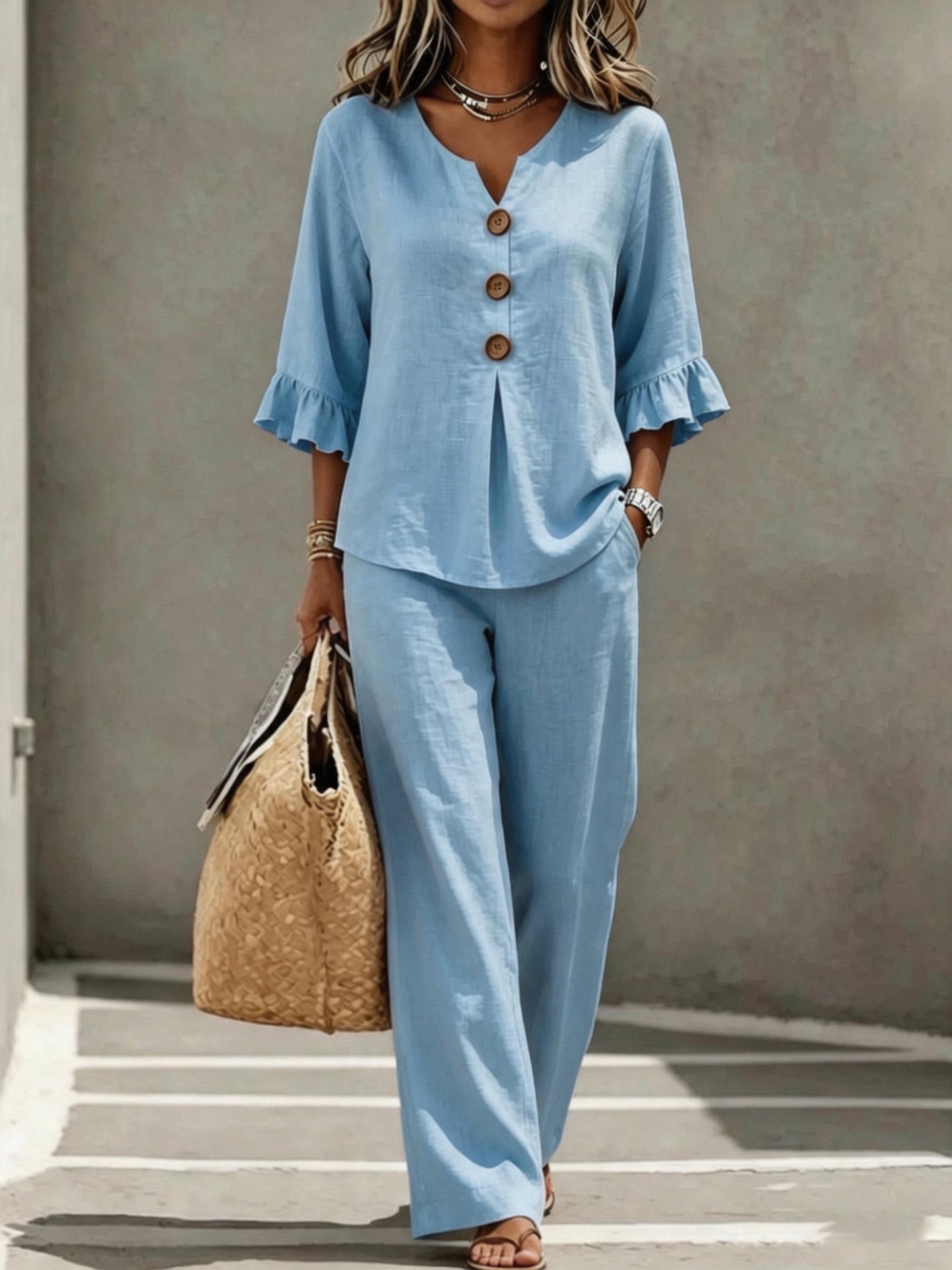 Women's Linen Two Piece Set V-Neck Ruffle Sleeve Top Wide Leg Pants Casual