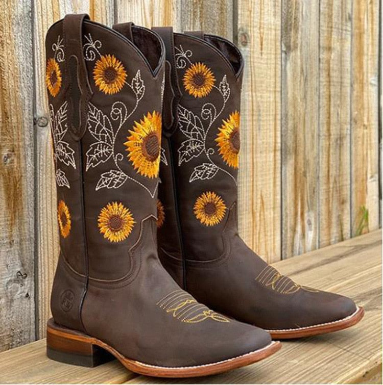 Women's Sunflower Embroidered Cowboy Boots Block Heel Mid-Calf Western Boots