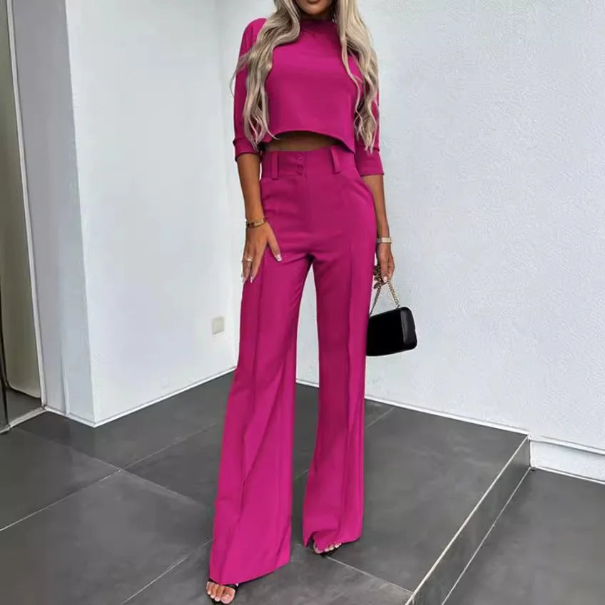 Women's 2 Piece Crop Top and Wide Leg Trousers Set Half Sleeve Casual