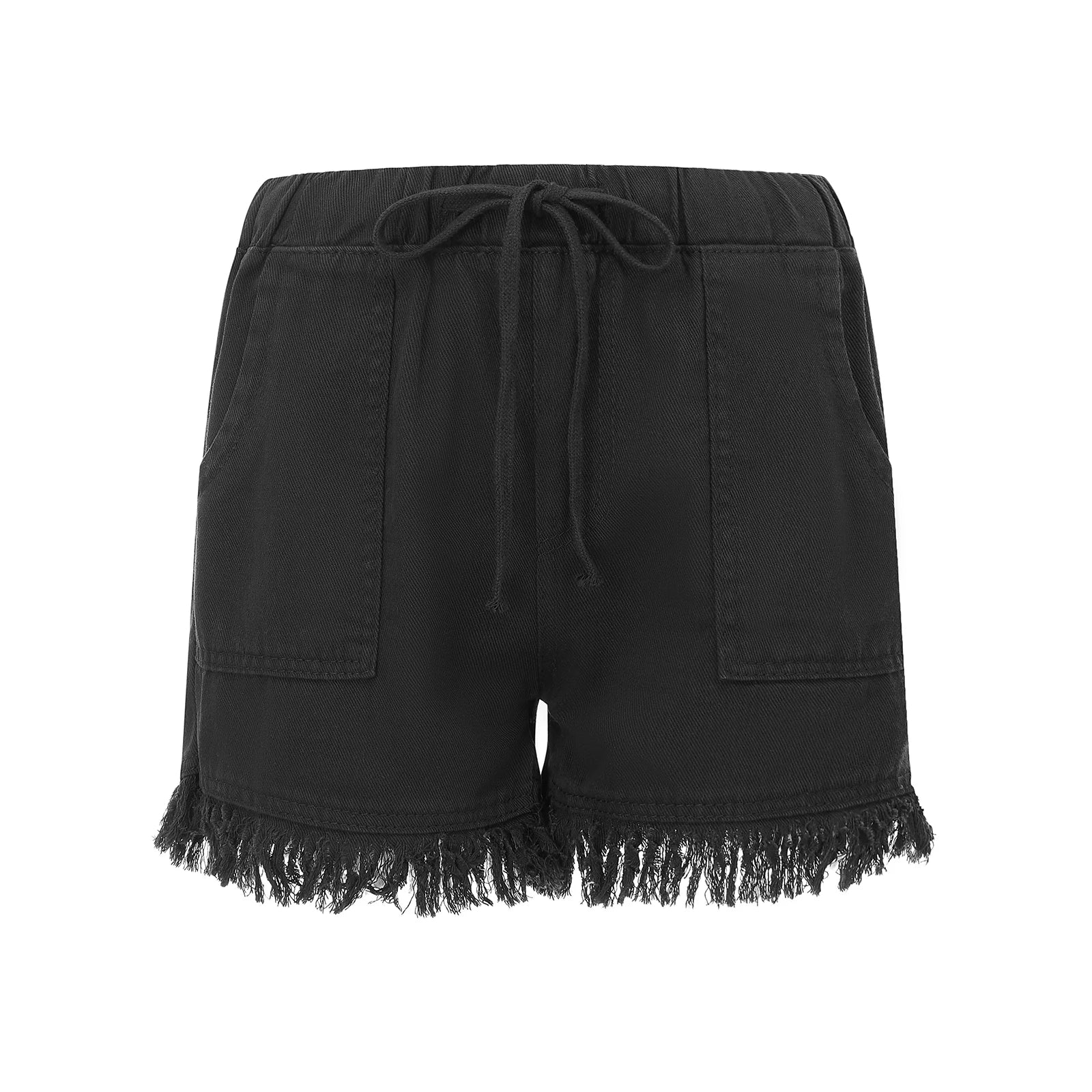 Women's Frayed Hem Denim Shorts Drawstring Elastic Waist Pockets Casual Summer