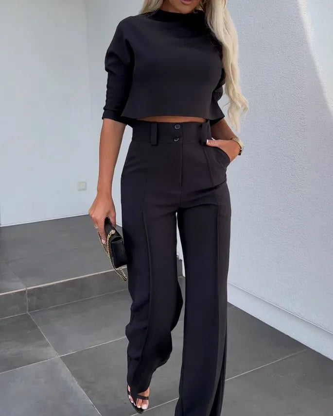 Women's 2 Piece Crop Top and Wide Leg Trousers Set Half Sleeve Casual