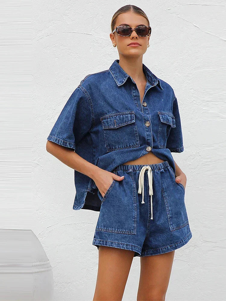 Women's Denim Two-Piece Set – Button-Down Top, Drawstring Shorts