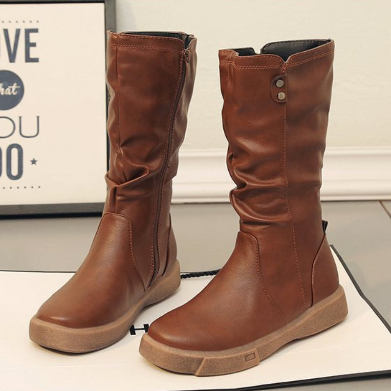 Women's Slouchy Mid-Calf Boots Side Zipper Round Toe Flat Winter Boots
