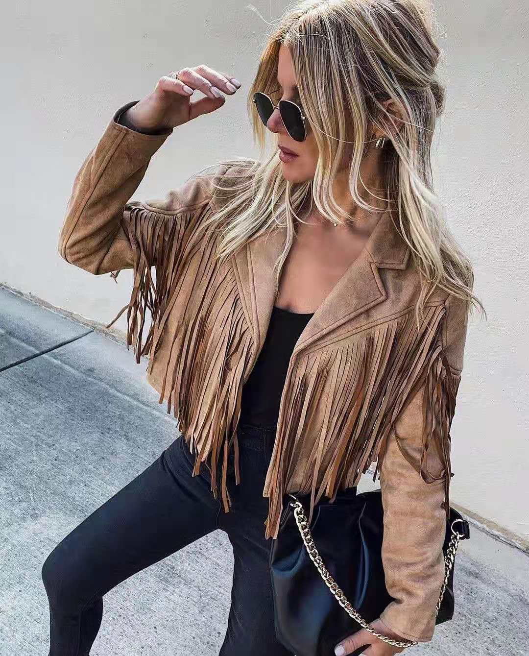 Women's Fringe Biker Jacket – Cropped Tassel Lapel Long Sleeve Western Jacket