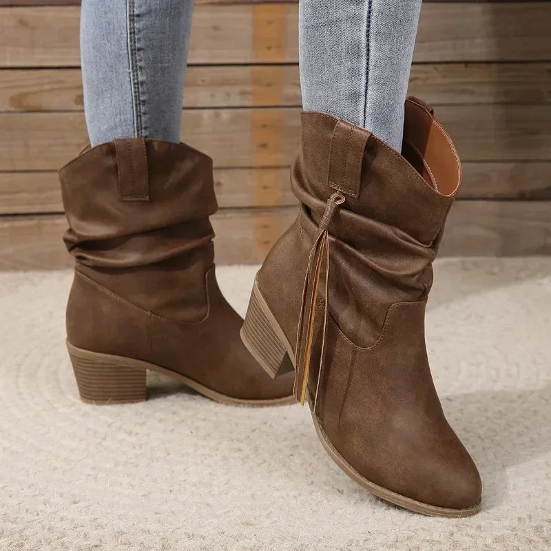 Women's Slouchy Western Ankle Boots Braided Tassel Block Heel Pointed Toe