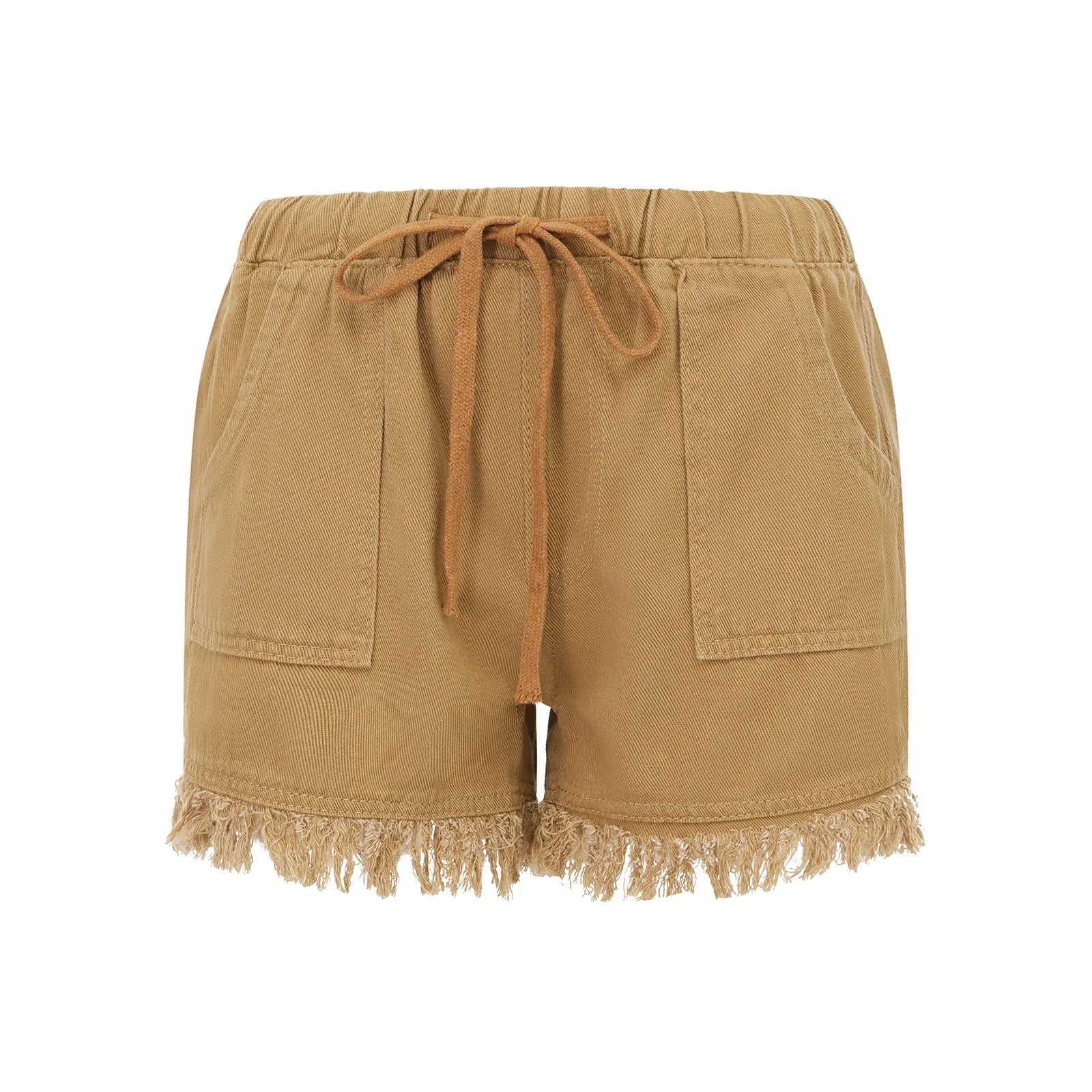 Women's Frayed Hem Denim Shorts Drawstring Elastic Waist Pockets Casual Summer