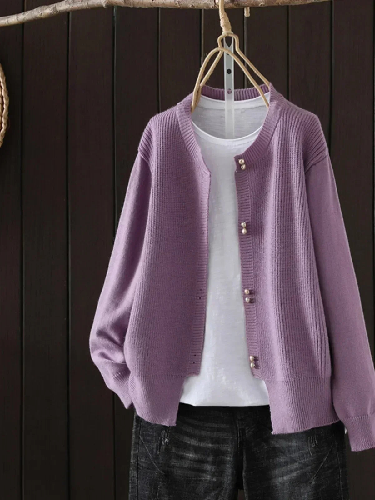 Women's Pearl-Button Cardigan Ribbed Knit Long Sleeve Round Neck Casual