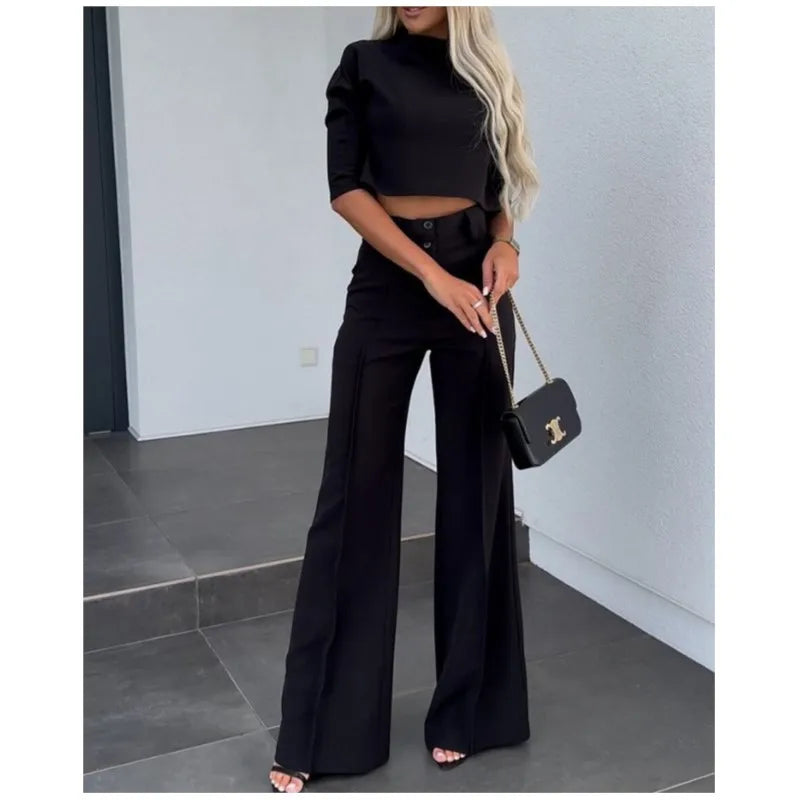 Women's 2 Piece Crop Top and Wide Leg Trousers Set Half Sleeve Casual