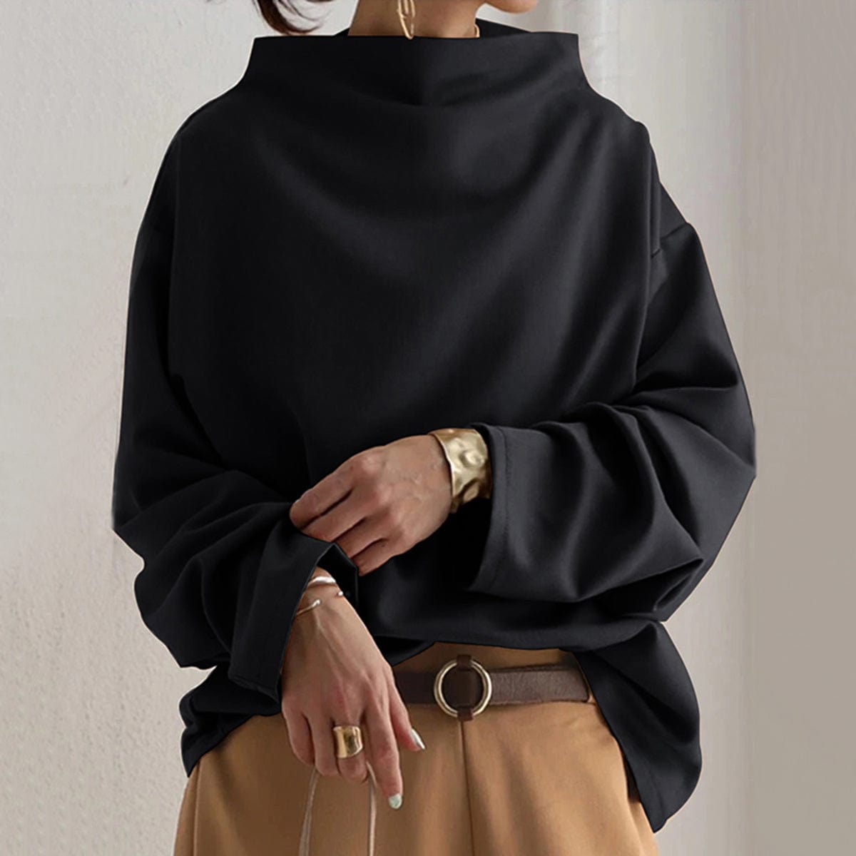 Women's High-Neck Pullover Top Long Sleeve Loose Fit Casual