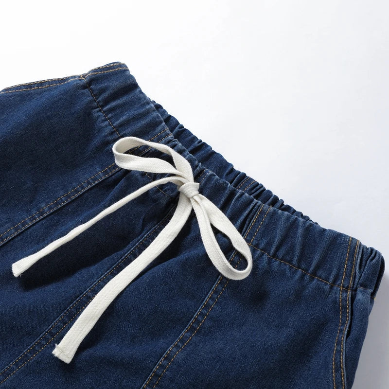 Women's Denim Two-Piece Set – Button-Down Top, Drawstring Shorts