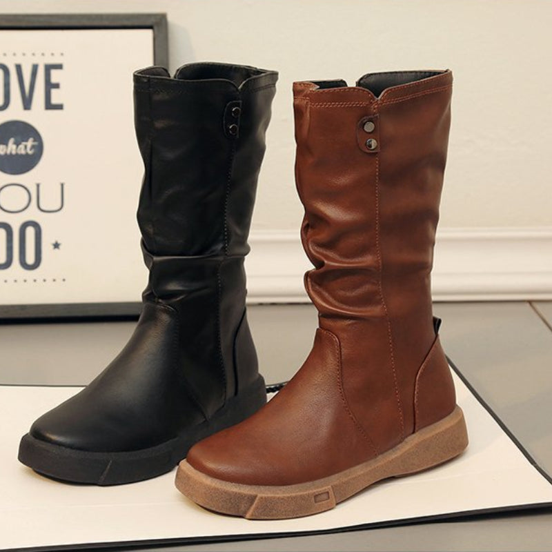 Women's Slouchy Mid-Calf Boots Side Zipper Round Toe Flat Winter Boots