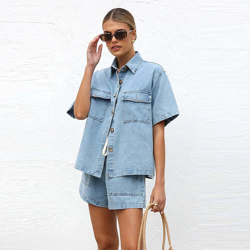 Women's Denim Two-Piece Set – Button-Down Top, Drawstring Shorts