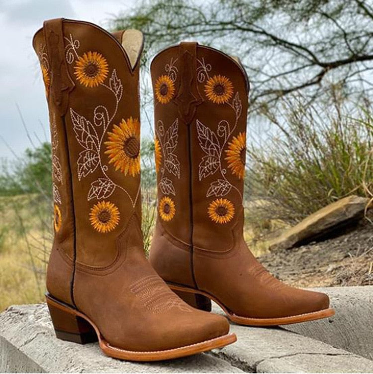 Women's Sunflower Embroidered Cowboy Boots Block Heel Mid-Calf Western Boots