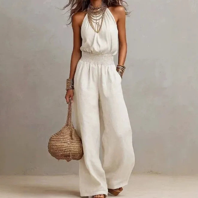 Women's Linen Jumpsuit Halter Neck Sleeveless Wide Leg Smocked Waist Casual