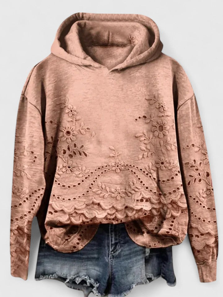 Women's Floral Embroidered Eyelet Lace Hoodie Long Sleeve Scalloped Hem Casual
