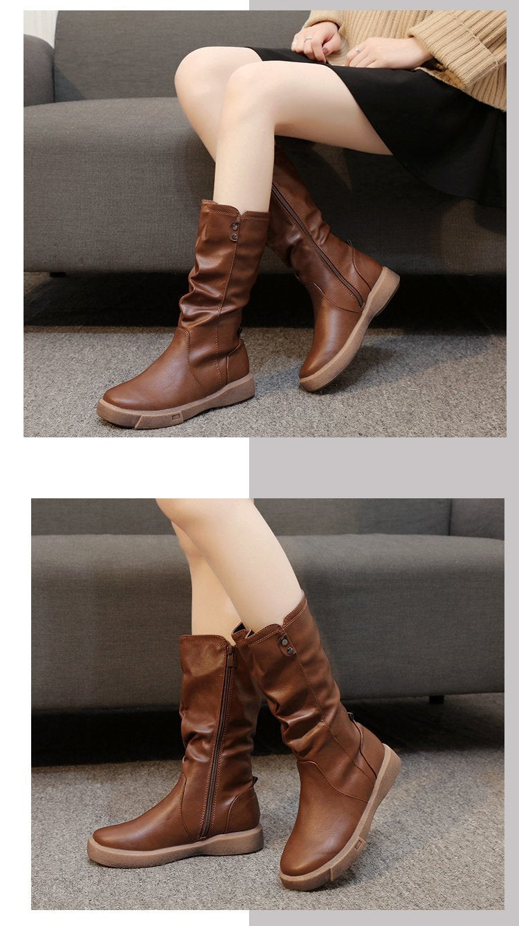 Women's Slouchy Mid-Calf Boots Side Zipper Round Toe Flat Winter Boots
