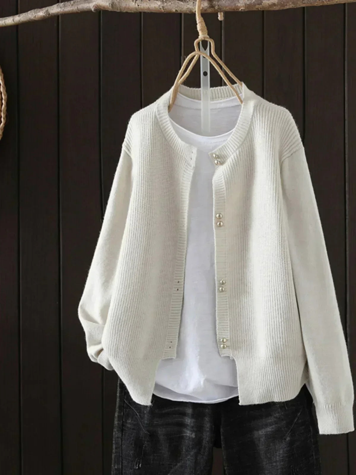 Women's Pearl-Button Cardigan Ribbed Knit Long Sleeve Round Neck Casual