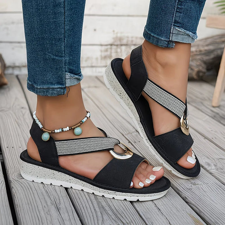 Women's Slide Sandals Metal Ring Cross Strap Open Toe Slip-On Beach