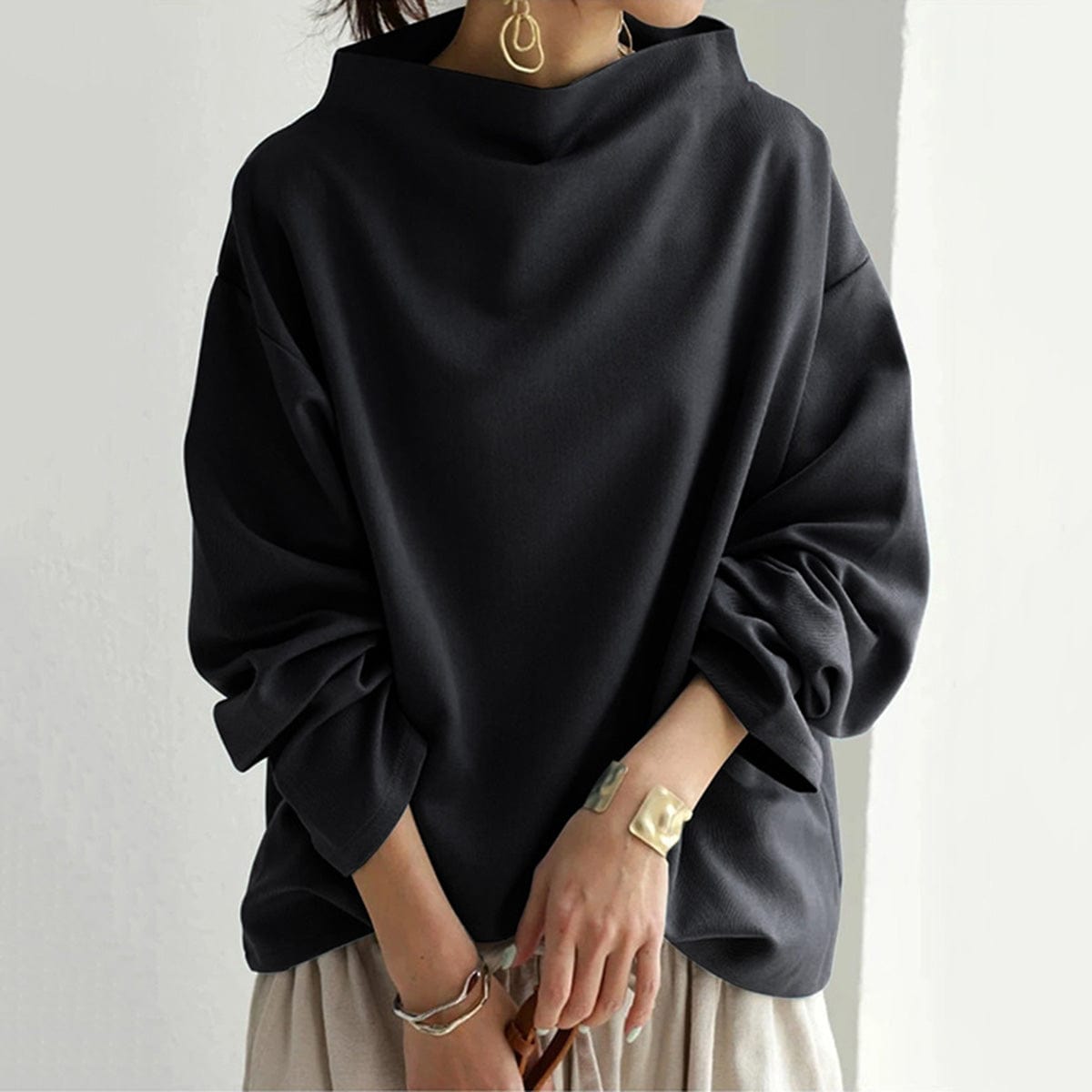 Women's High-Neck Pullover Top Long Sleeve Loose Fit Casual