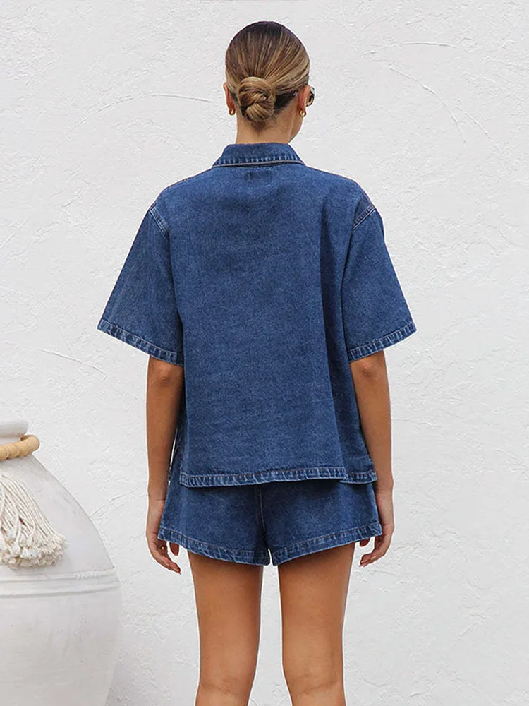 Women's Denim Two-Piece Set – Button-Down Top, Drawstring Shorts