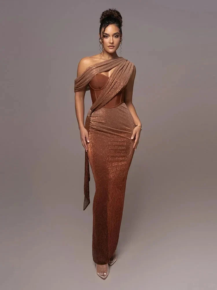 Women's One-Shoulder Maxi Dress Asymmetric Draped Corset Bodycon Evening Gown