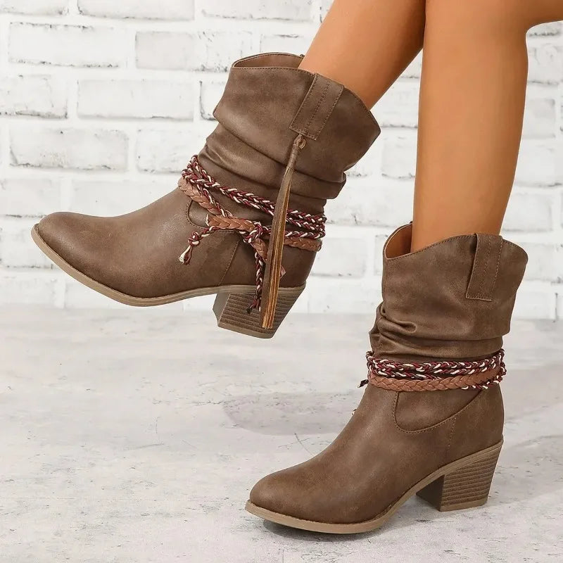 Women's Slouchy Western Ankle Boots Braided Tassel Block Heel Pointed Toe