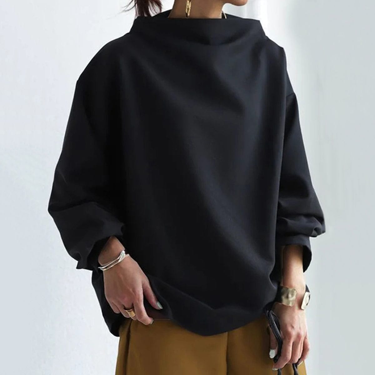 Women's High-Neck Pullover Top Long Sleeve Loose Fit Casual
