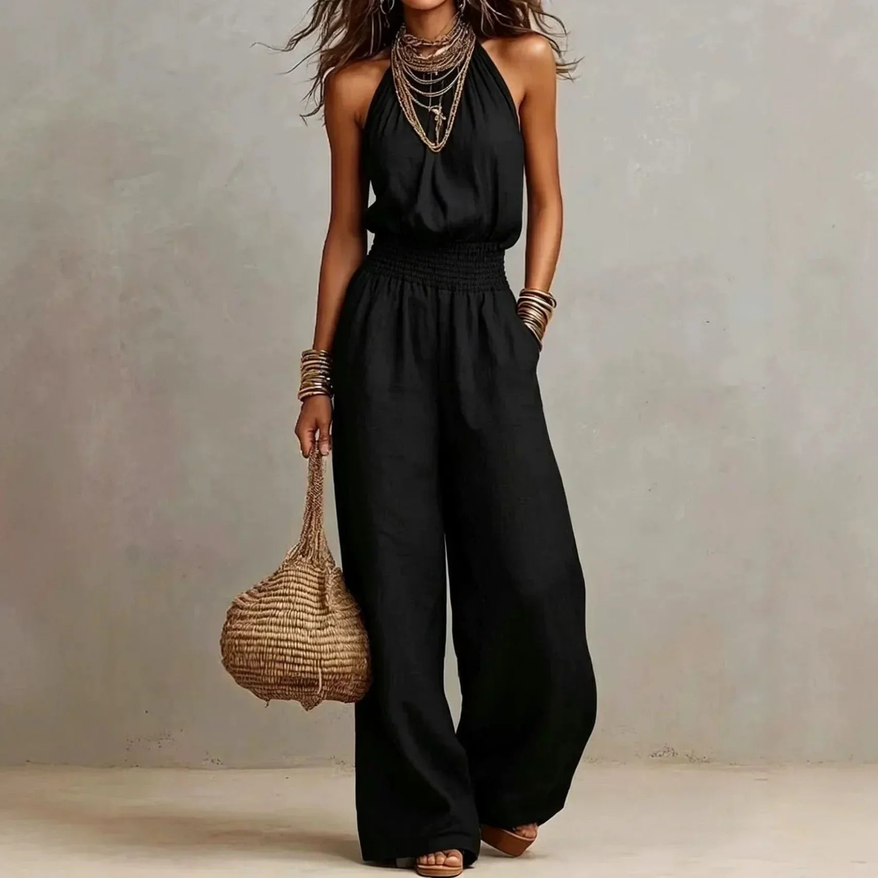 Women's Linen Jumpsuit Halter Neck Sleeveless Wide Leg Smocked Waist Casual