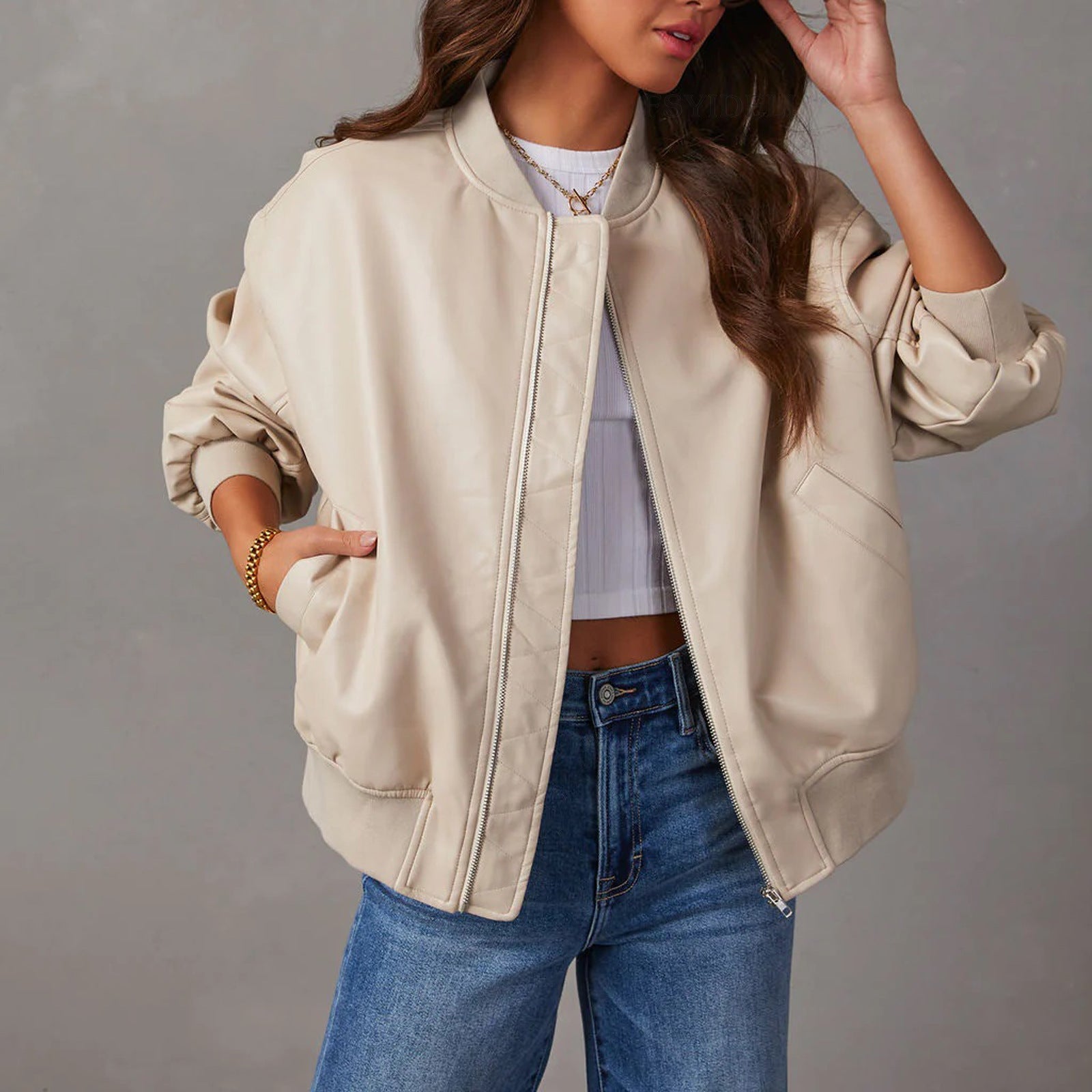 Women's Bomber Jacket Zip-Up Ribbed Collar Long Sleeve Casual Outerwear