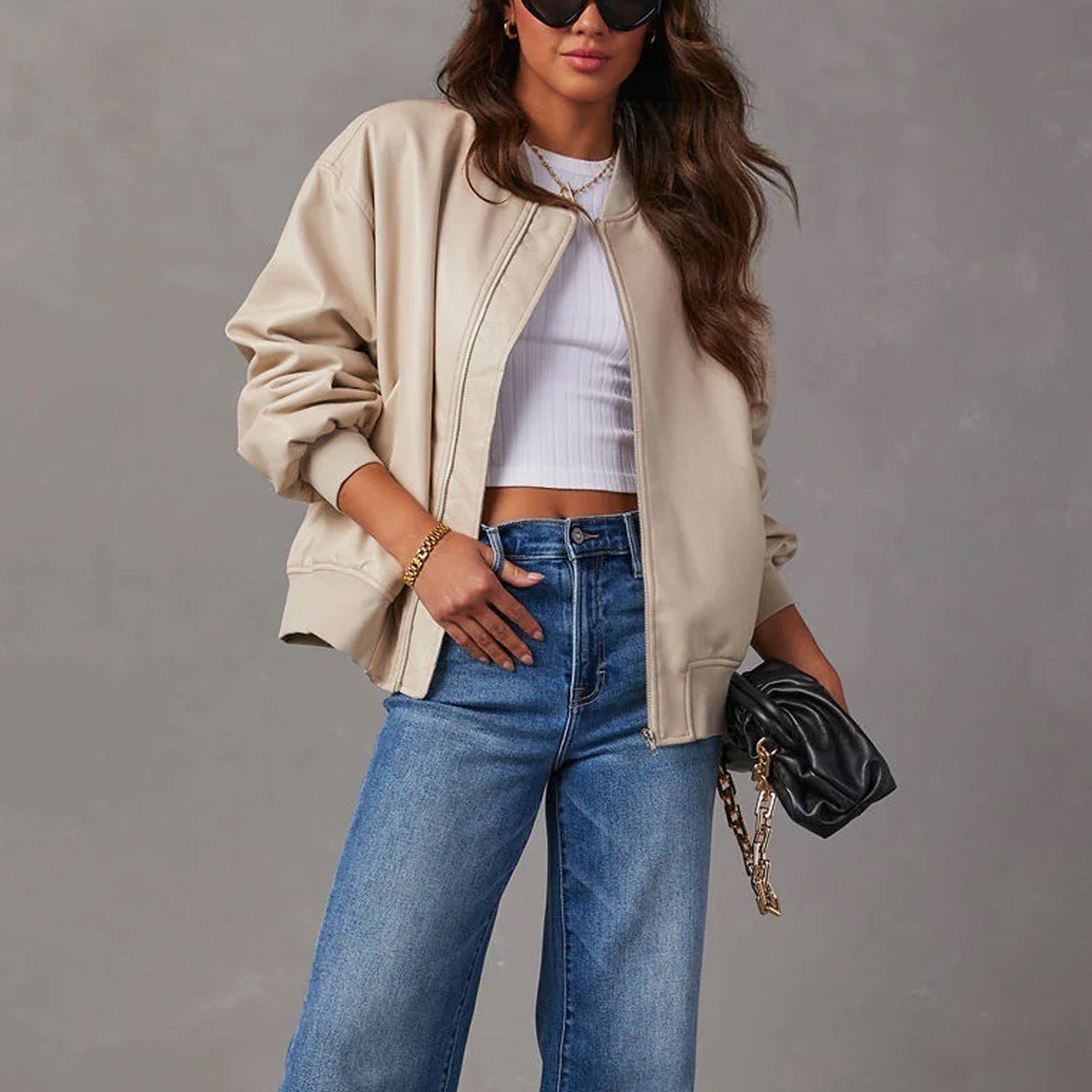 Women's Bomber Jacket Zip-Up Ribbed Collar Long Sleeve Casual Outerwear