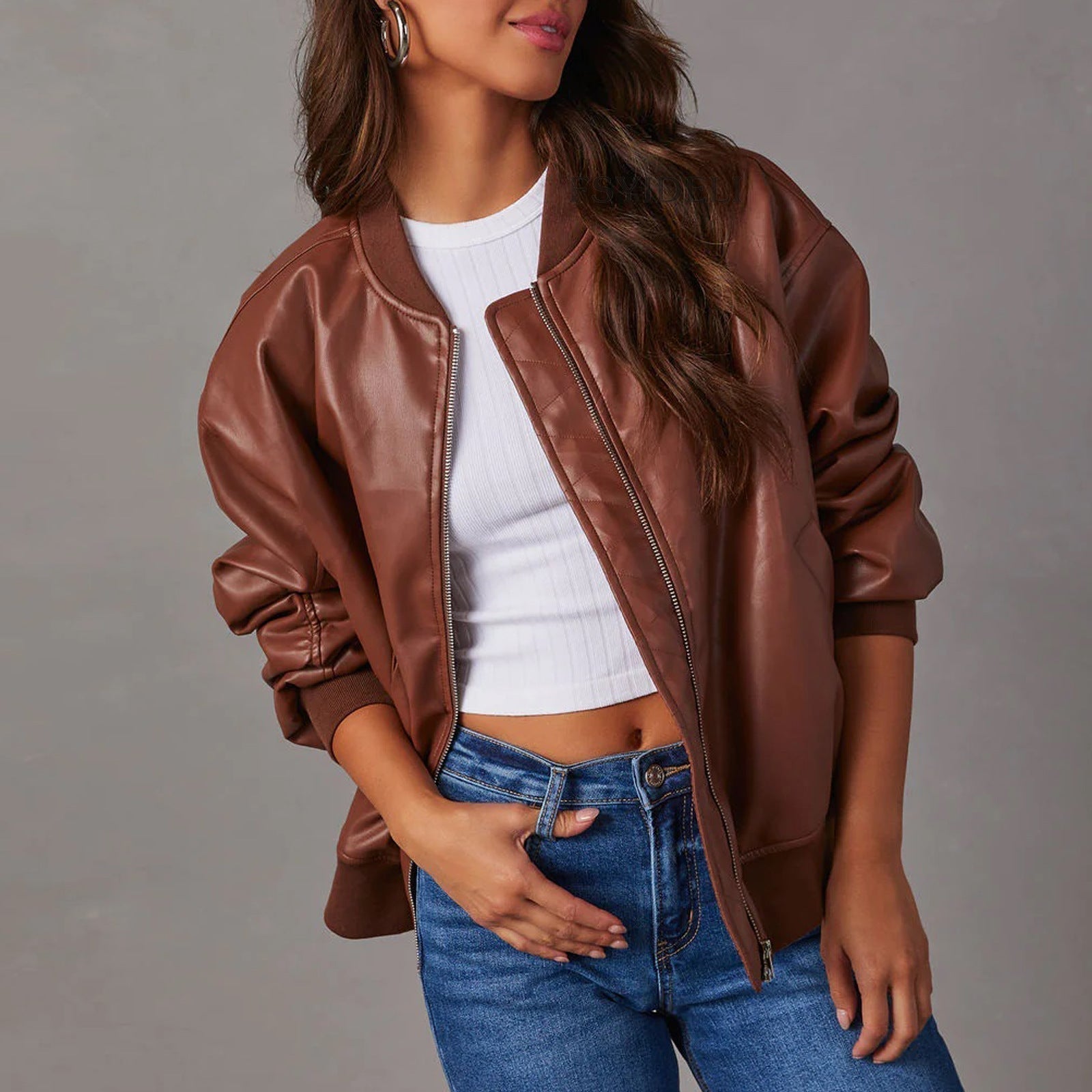 Women's Bomber Jacket Zip-Up Ribbed Collar Long Sleeve Casual Outerwear