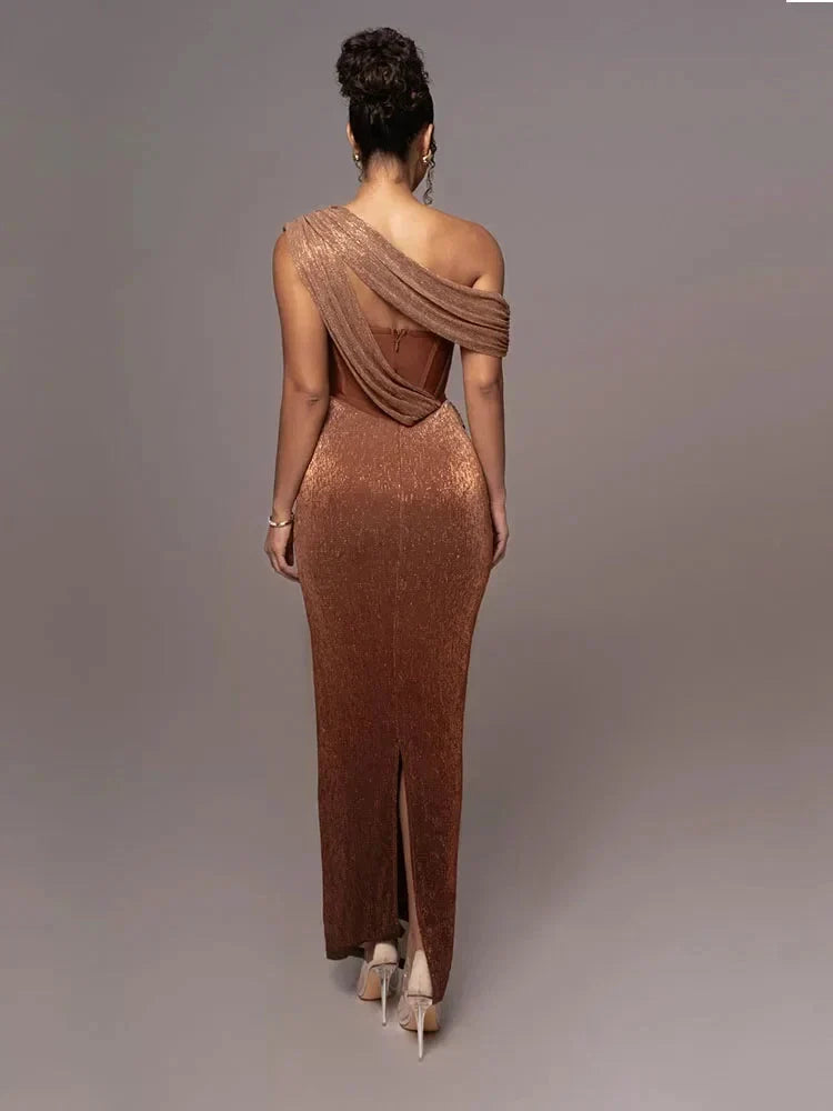 Women's One-Shoulder Maxi Dress Asymmetric Draped Corset Bodycon Evening Gown