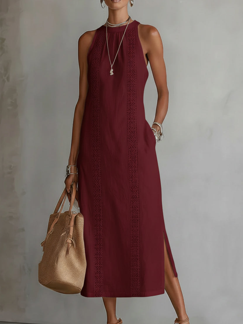 Women's Halter Neck Midi Dress Sleeveless Lace Trim Side Split Casual Beach