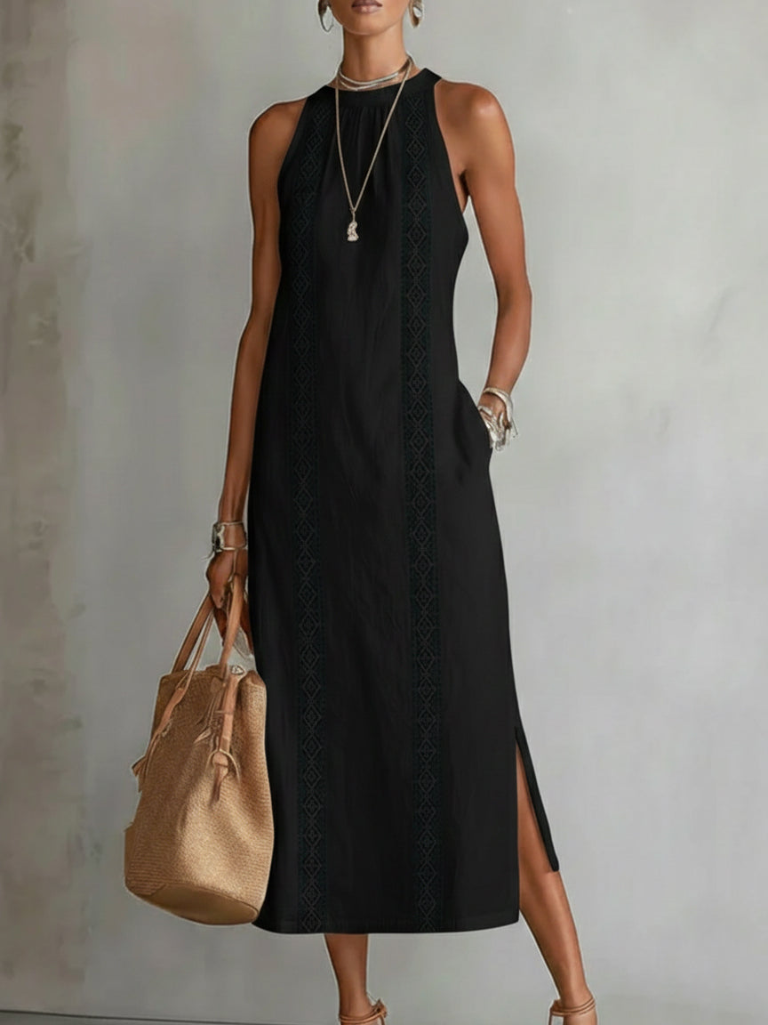 Women's Halter Neck Midi Dress Sleeveless Lace Trim Side Split Casual Beach