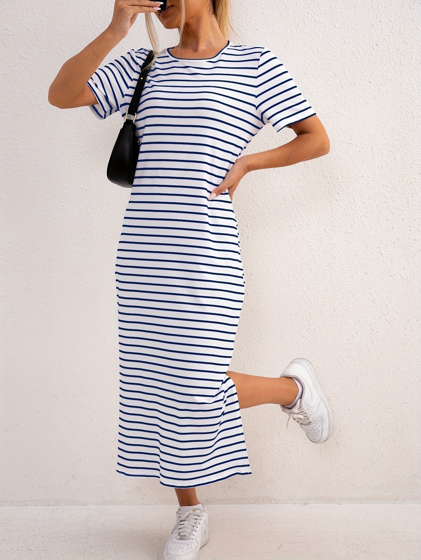 Women's Striped Midi Dress Short Sleeve Crew Neck Side Split Casual Everyday