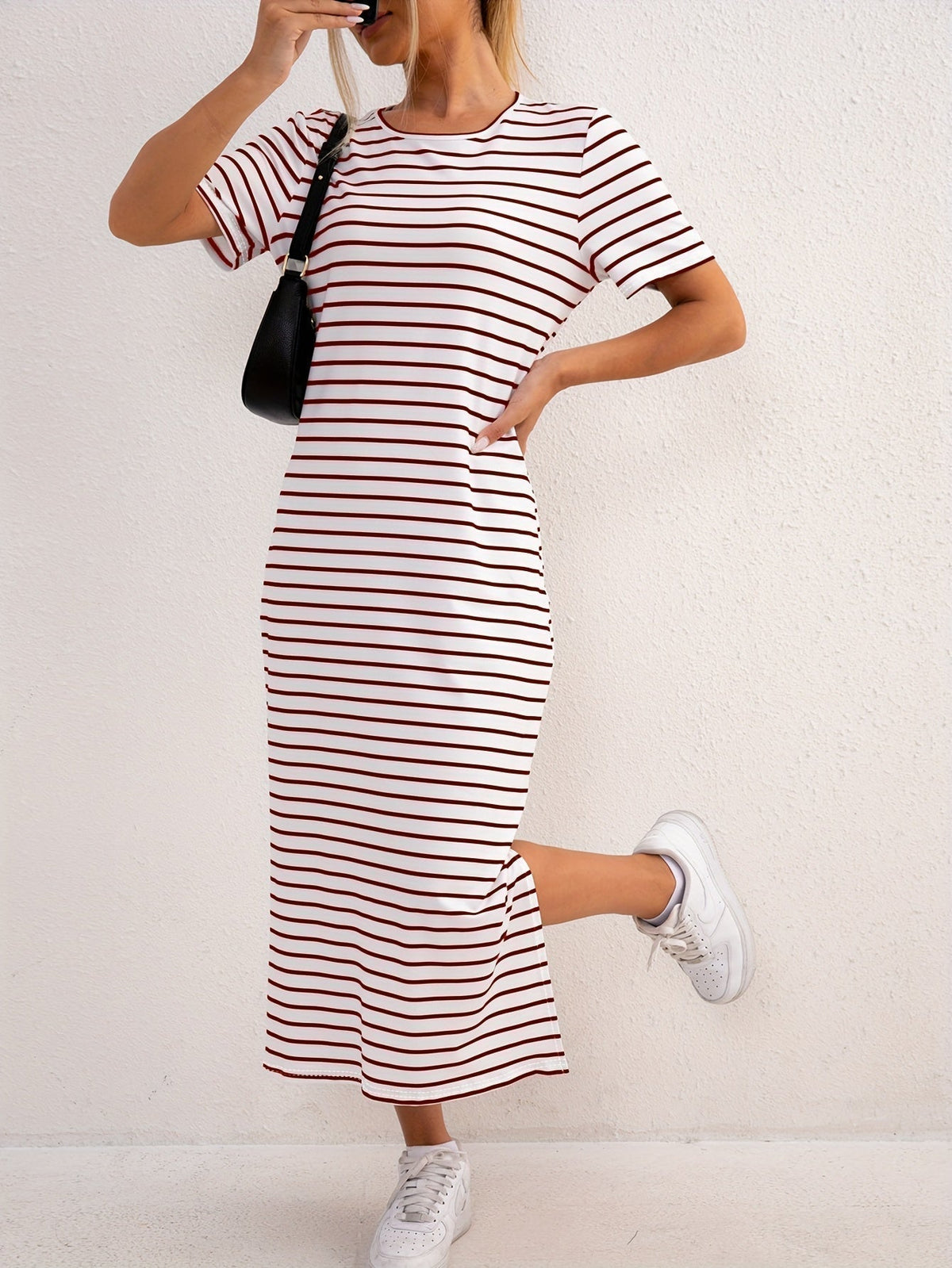 Women's Striped Midi Dress Short Sleeve Crew Neck Side Split Casual Everyday