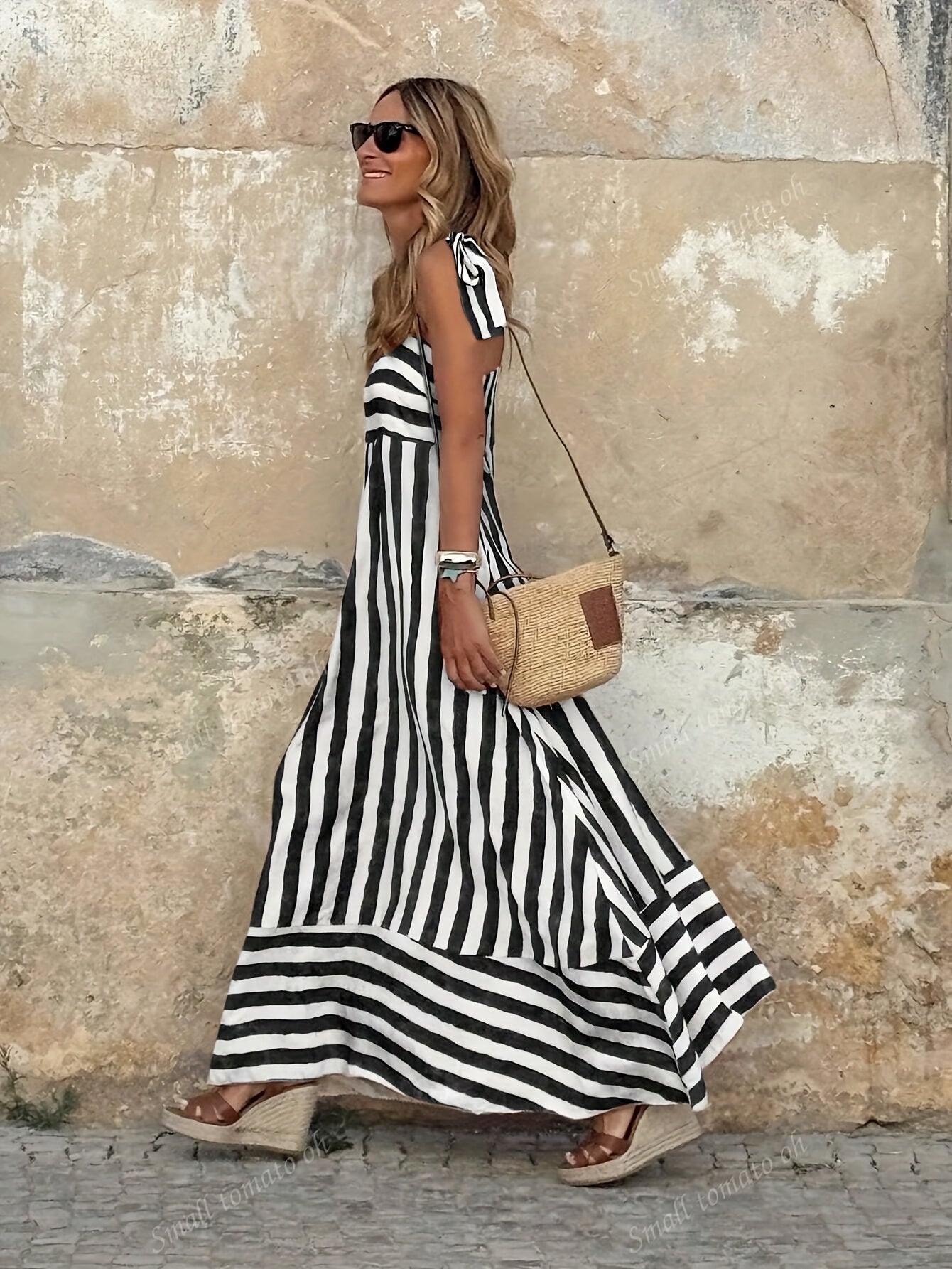 Women's Striped Maxi Dress Tie Spaghetti Strap Full Skirt Beach Sundress