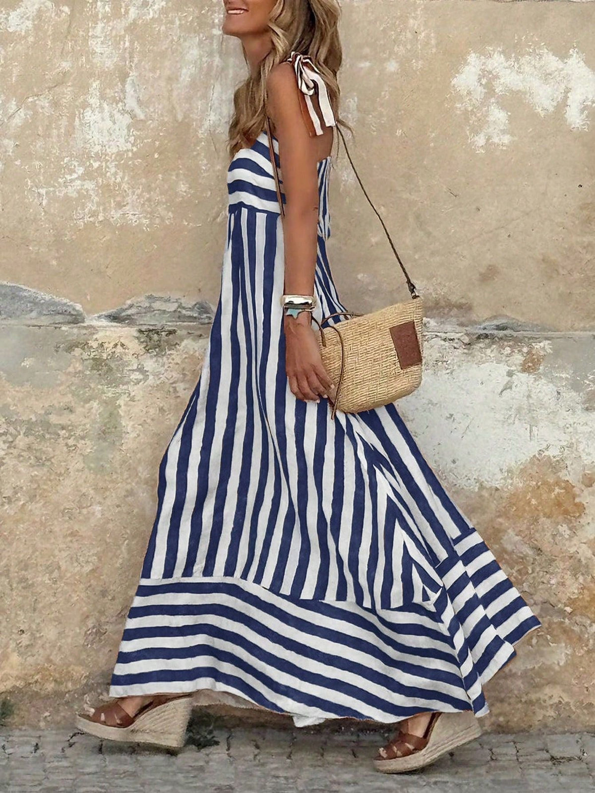 Women's Striped Maxi Dress Tie Spaghetti Strap Full Skirt Beach Sundress