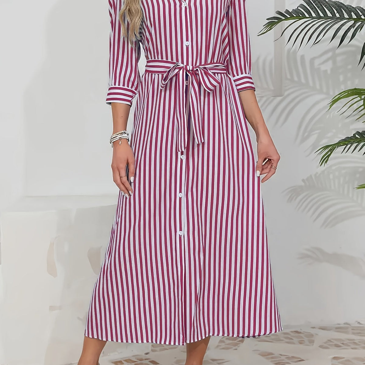 Women's Striped Shirt Midi Dress Belted Tie Waist V-Neck Casual Button Front