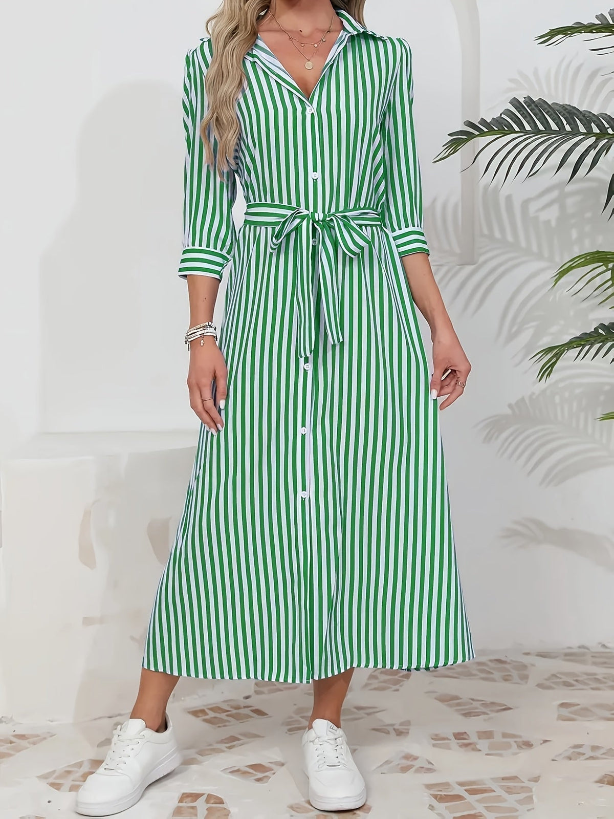 Women's Striped Shirt Midi Dress Belted Tie Waist V-Neck Casual Button Front