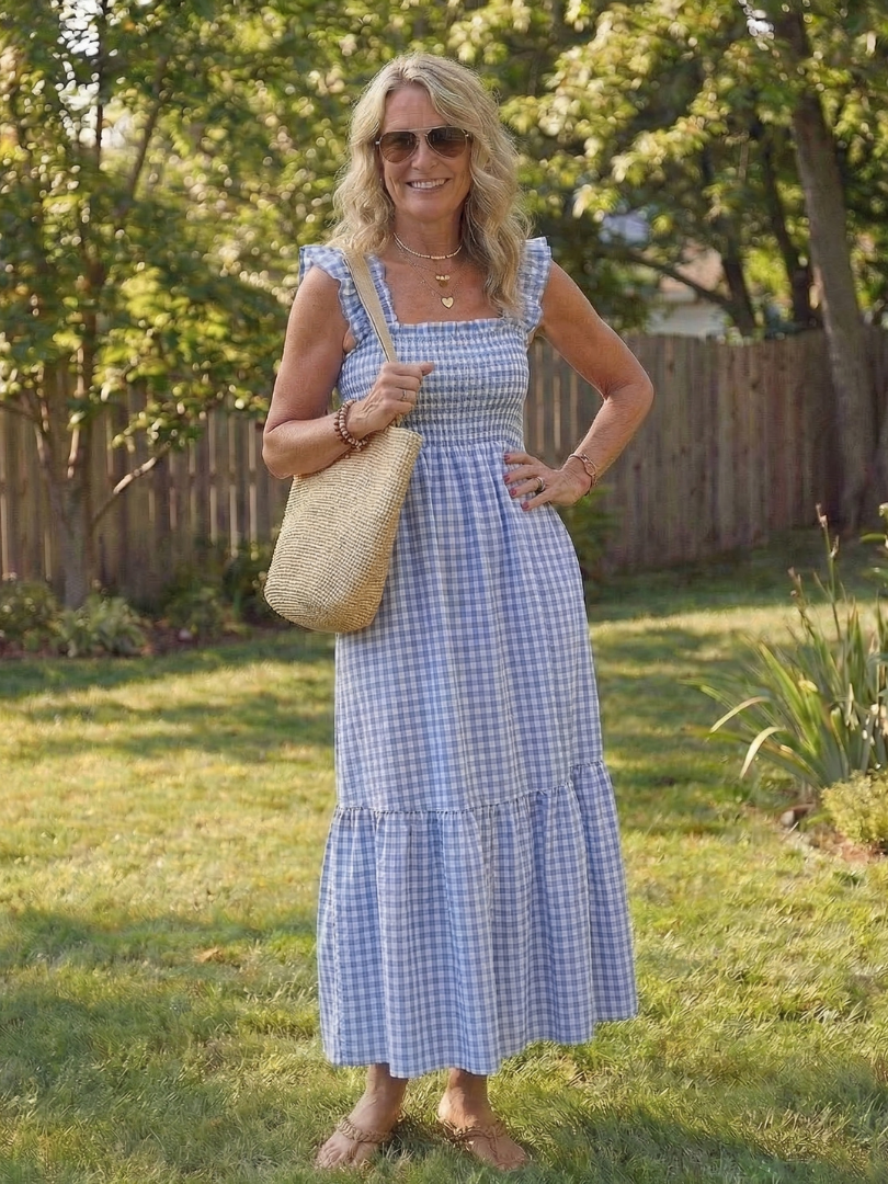 Women's Gingham Maxi Dress Flutter Sleeve Smocked Tiered Summer Beach