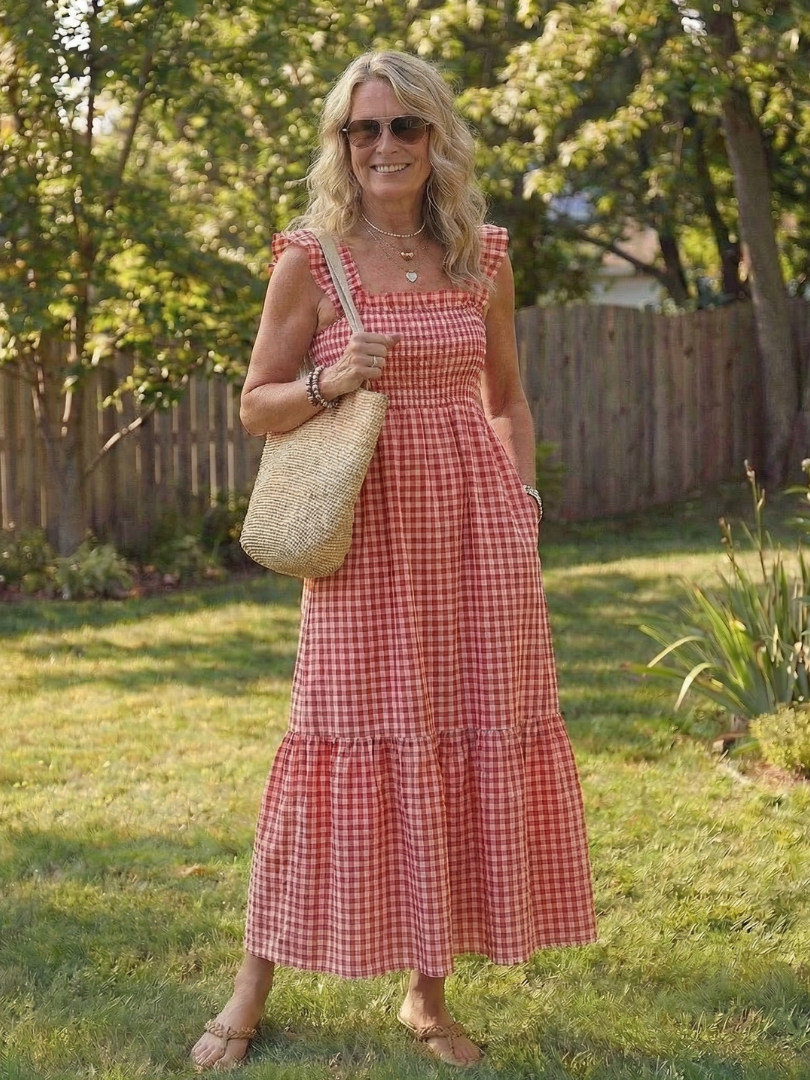 Women's Gingham Maxi Dress Flutter Sleeve Smocked Tiered Summer Beach