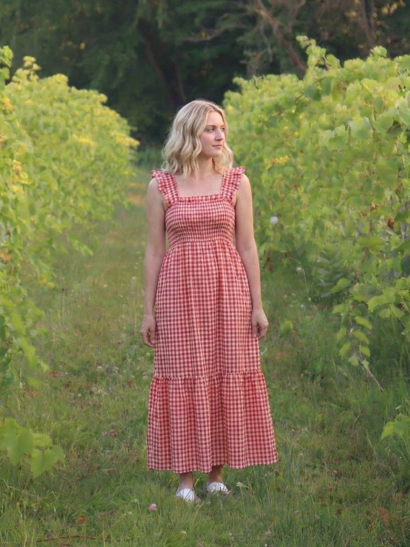 Women's Gingham Maxi Dress Flutter Sleeve Smocked Tiered Summer Beach