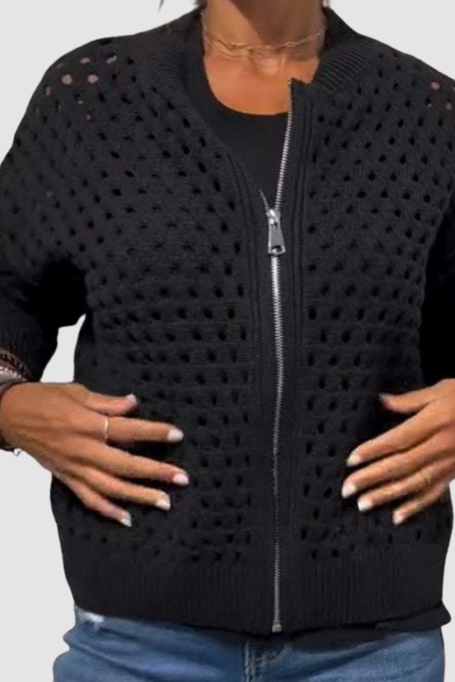 Women's Open Knit Zip-Up Cardigan Long Sleeve Crochet Bomber Sweater Casual