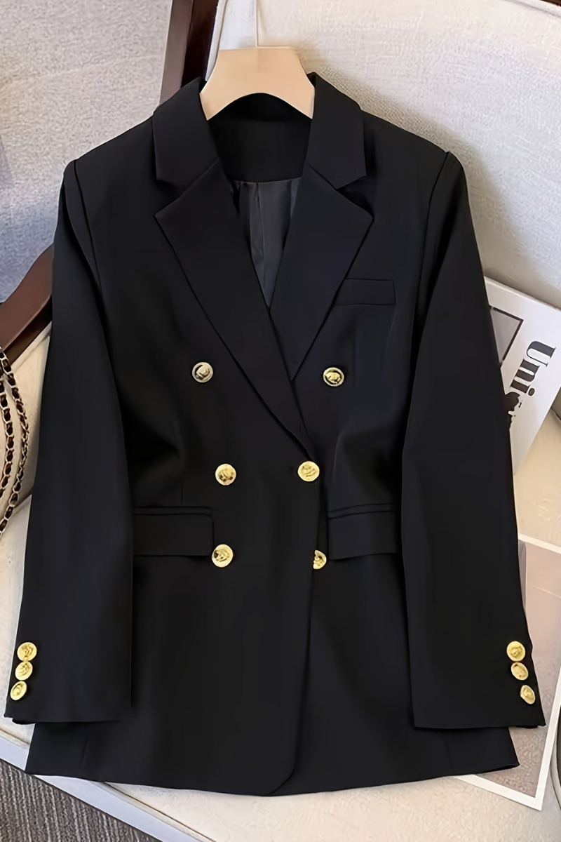 Women's Double Breasted Blazer Gold Button Notched Lapel Tailored Fit
