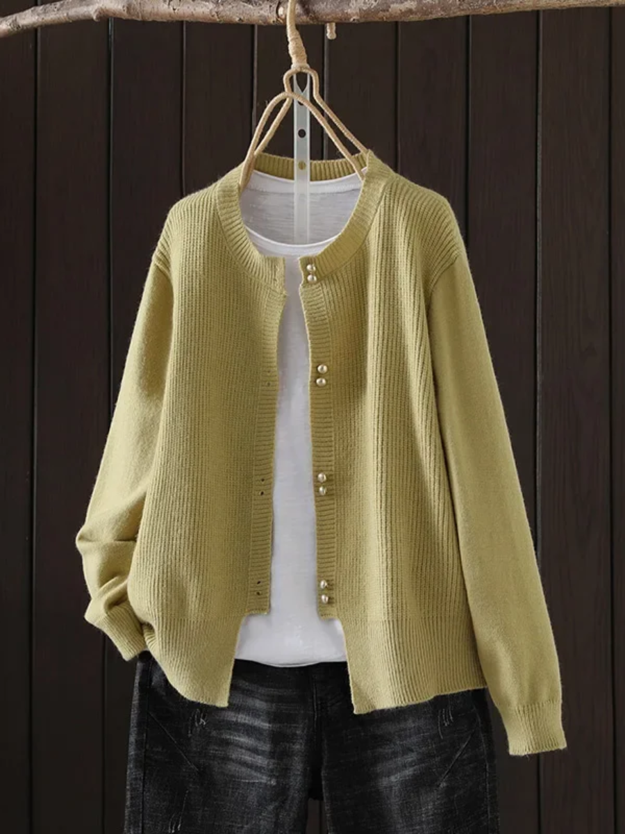 Women's Pearl-Button Cardigan Ribbed Knit Long Sleeve Round Neck Casual
