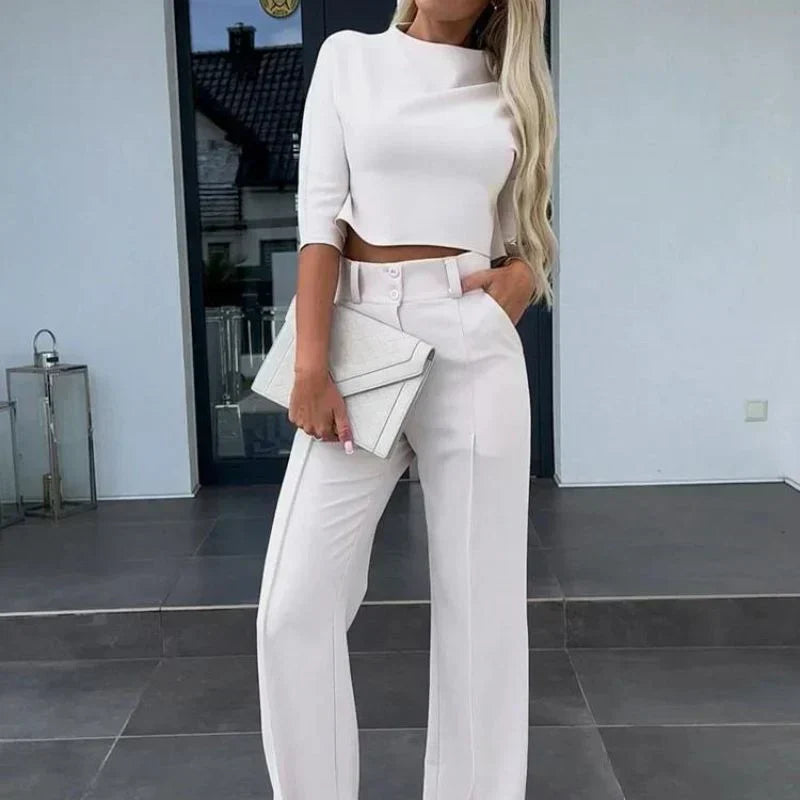 Women's 2 Piece Crop Top and Wide Leg Trousers Set Half Sleeve Casual